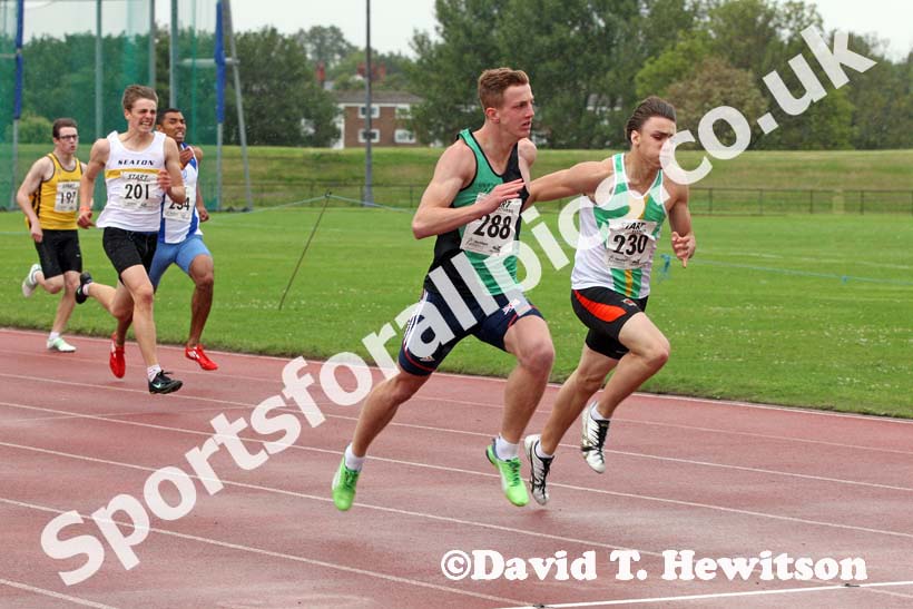 Thomas Somers (City of York) beats Ryan Gorman (Notts AC) in the under-17s 200 metres at the Northern Under-17s and 15s Championships, Liverpool.